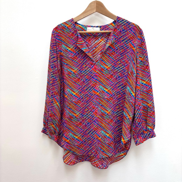 Amanda Uprichard Colorful Abstract Print Popover Silk Blouse Multicolor Medium - Picture 2 of 11